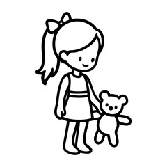 Dibujo sencillo con líneas de una niña feliz de pie, con ropa informal, llevando en la mano a un oso de peluche © teracreonte