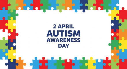 Colorful puzzle piece frame for Autism Awareness Day, April 2, isolated on transparent background.