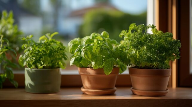 Windowsill herb garden providing fresh basil, cilantro, and parsley clippings for immediate cooking use, hyperlocal seasoning grown mere steps from stove, ideal for kitchen herbs, fresh