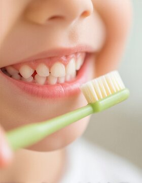 Primer plano de una boca sonriendo con un cepillo de dientes.