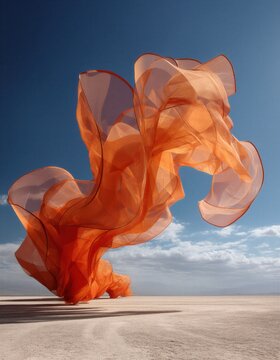 Una figura et&eacute;rea de tela naranja se eleva sobre un desierto arenoso bajo un cielo azul con nubes.