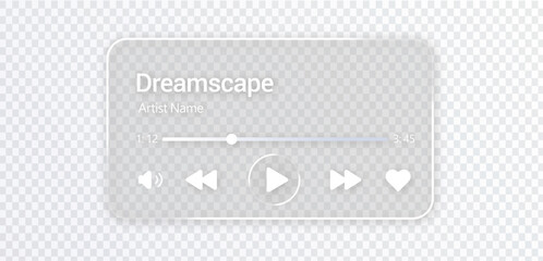 Liquid glass music player interface on transparent background with play button, progress bar and audio controls © trendystore 