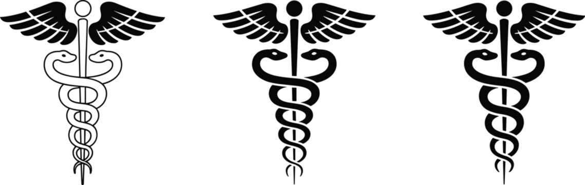 Three Caduceus medical symbols in outline and solid black variations Keywords: Caduceus, medical, symbol, health, healthcare