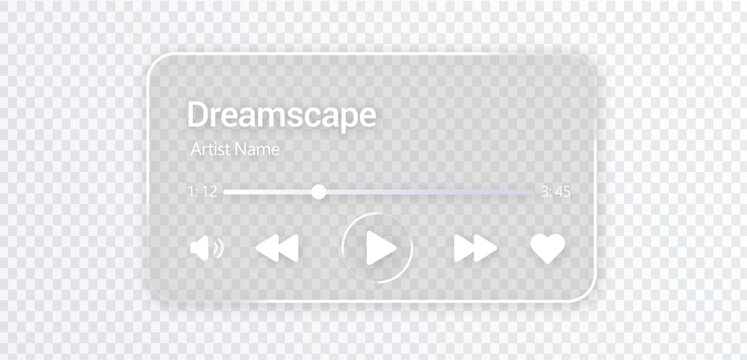 Liquid glass music player interface on transparent background with play button, progress bar and audio controls