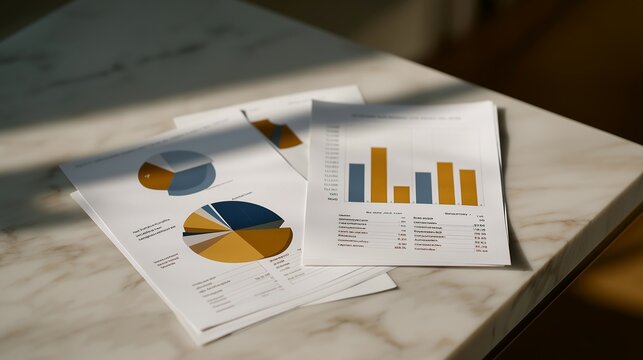 Overhead view of diversified investment portfolio documents arranged on marble surface with pie charts and asset allocation reports in natural morning light, wealth distribution strategy, perfect