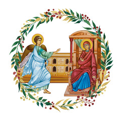Naklejka premium Annunciation to the Blessed Virgin Mary. Decorative vintage floral wreath, illustration in Byzantine style isolated