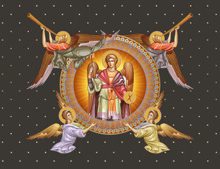 Naklejka premium Decorative vintage illustration with Archangel Gabriel and angels in Byzantine style