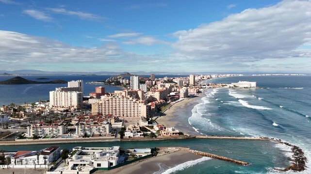 Aerial Mediterranean beach La Manga Mar Menor coastline Spain