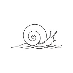 A simple line drawing depicts a snail slowly moving on leaves. © chiriku