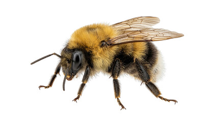 Detailed view of a honeybee with fuzzy body wings extended on transparent background