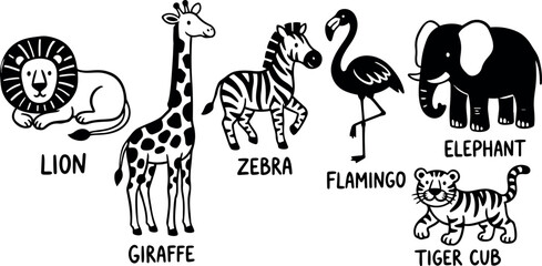 Fototapeta premium Black and white flat design cartoon style lion giraffe zebra flamingo elephant and tiger cub animal vector icons set