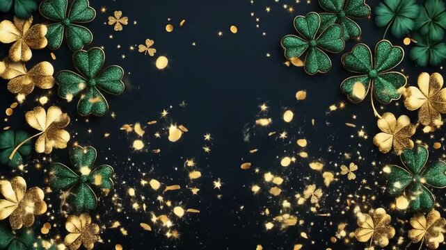 Elegant shamrock and gold glitter design on dark background. Happy St. Patrick's Day