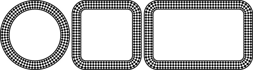 Monochrome frames featuring classic checkerboard patterns in circular and rectangular shapes