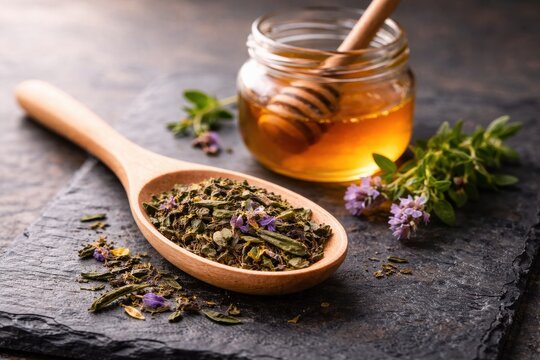 Dried herbal tea in wooden spoon with jar of honey and fresh thyme on dark background
