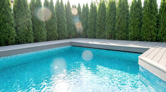 Modern residential swimming pool in a luxury backyard outdoors, man working on landscaping near a row of tall evergreen privacy trees and gray composite deck on a bright sunny summer afternoon.