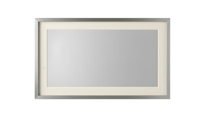 A sleek silver framed mirror with a white border against a black background