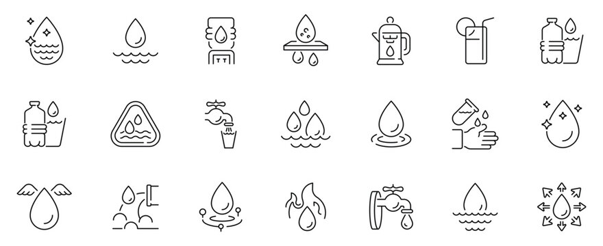 Water and aqua icons set. editable line icons, outline, hydration and fluids