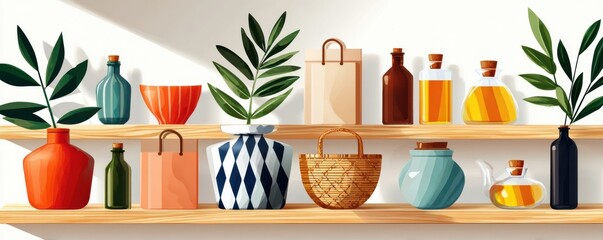 Colorful wooden shelves in an organic store with pottery, bottles, plants and woven basket display