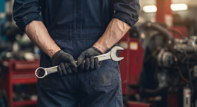 Adult White man truck mechanic in blue coveralls and work gloves holding a large combination wrench in front of a heavy vehicle engine, industrial truck maintenance concept