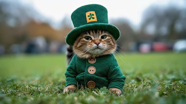 Adorable cat dressed as leprechaun in green costume sitting on grass. Saint Patrick's Day, St Paddy's Day, St Patty's Day - Irish National Holiday and Cultural Celebration