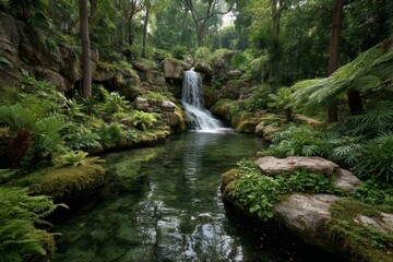 Obraz premium Waterfall in tropical jungle surrounded by lush vegetation