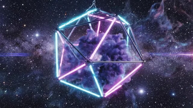 Neon lights frame a geometric shape, cloud of vapor in center, set against starry galaxy background