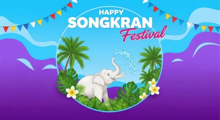 Obraz premium Happy songkran festival celebration with elephant and tropical elements