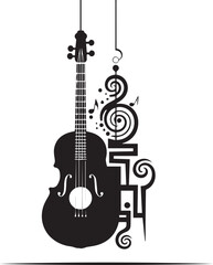 Fototapeta premium Acoustic guitar and music notes silhouette vector illustration with intricate line art
