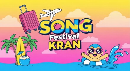 Obraz premium Colorful illustration of a cartoon character at a music festival with travel elements