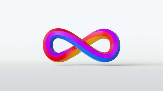 Glossy 3D infinity symbol spinning and shimmering with vivid rainbow colors on light background, symbolizing neurodiversity and Autism Awareness Day.