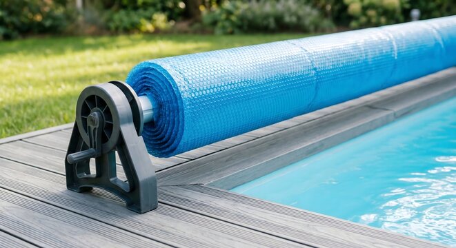 Close up of a blue solar pool cover reel on a grey composite deck in a modern backyard garden during a bright sunny day, essential swimming pool maintenance and energy saving equipment.