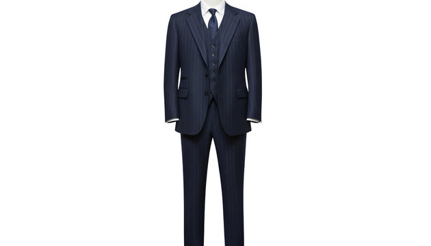 A navy blue three-piece suit with a vest and tie on a headless mannequin against a solid black background