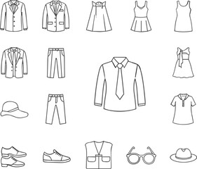 Fashion clothing and accessories line icons set featuring jacket, dress, shirt, pants, shoes, hat and sunglasses minimalist apparel vector collection