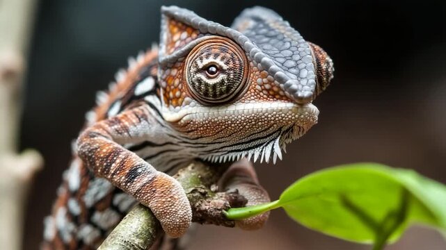 Chameleon Closeup on Branch with Green Leaf.