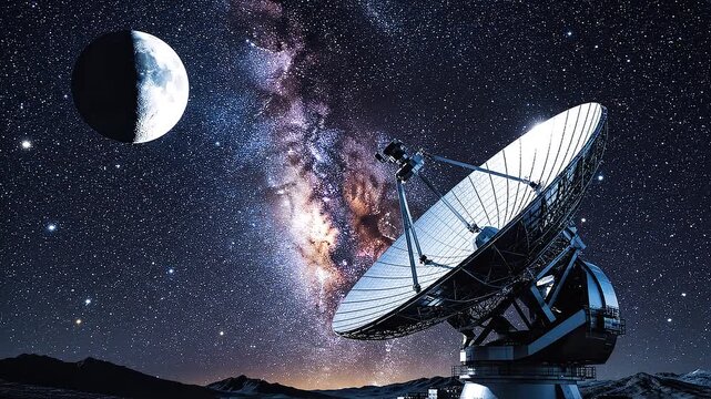Radio telescope under the Milky Way galaxy in space