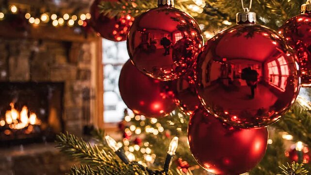 Red Mickey Mouse Ornaments on a Christmas Tree by a Fireplace