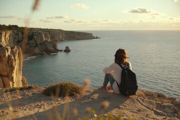 Fototapeta premium Hiker woman observes the coastal landscape from a rocky precipice. Female traveler with a black backpack overlooks the ocean from a cliff. Person sits on a rocky cliff overlooking the sea.