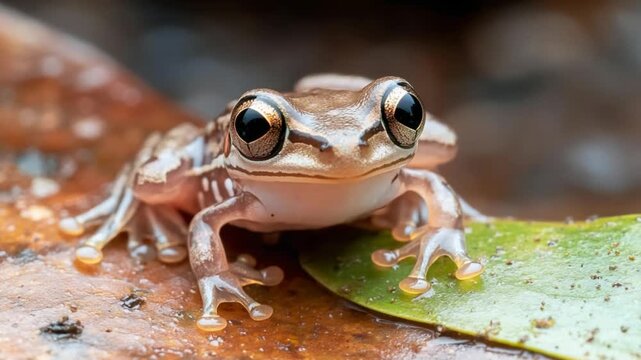 Closeup of small brown frog on leaf.