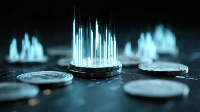 Digital Coin Transformation: A captivating display showcasing digital transformation with glowing lines above metallic coins, symbolizing the evolution of finance in the digital age.