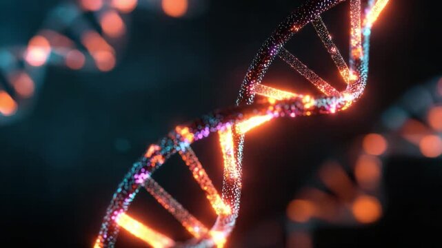 DNA Helix: A captivating view of the double helix structure, representing life's intricate blueprint, glows with energy against a dark backdrop.