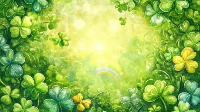 Lush green clover field with vibrant rainbow and yellow flowers. Saint Patrick's Day, St Paddy's Day, St Patty's Day - Irish National Holiday and Cultural Celebration