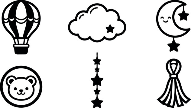 Simple black and white vector icons including smiling crescent moon star cloud bear face hot air balloon and tassel charm elements