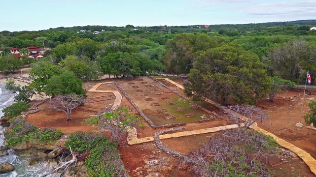 La Isabela ruins, the first European settlement in the Americas, on the coast of Puerto Plata, Dominican Republic. Aerial drone ascending