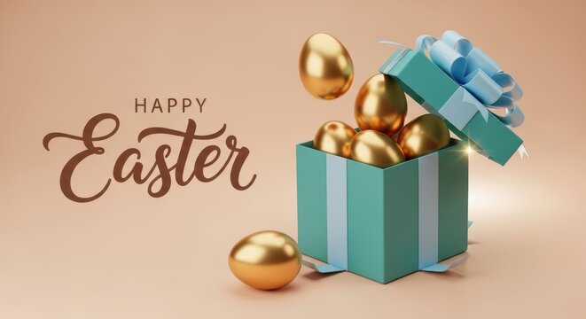 Easter gift box with golden eggs and happy easter text on beige background