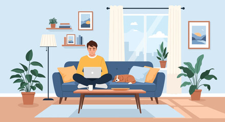 Fototapeta premium Man sitting on couch with laptop.