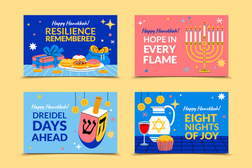 Naklejka premium Hanukkah Greeting Cards with Menorah Dreidel Donuts and Holiday Messages