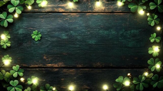 Rustic wooden background with green clover leaves and gold coins. Saint Patrick's Day, St Paddy's Day, St Patty's Day - Irish National Holiday and Cultural Celebration