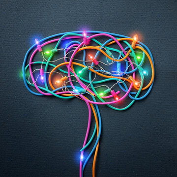Colorful lights and tangled wires arranged in a flat lay design on a dark background showing creativity and fun