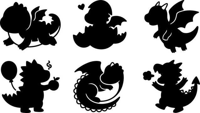 Silhouette vector art of six playful dragon poses including baby hatching flying and holding balloon in cute cartoon style