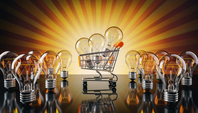 Light bulbs in a shopping cart surrounded by glowing bulbs in a creative display in bright colors